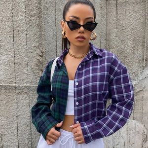 SHEIN cropped color block plaid flannel